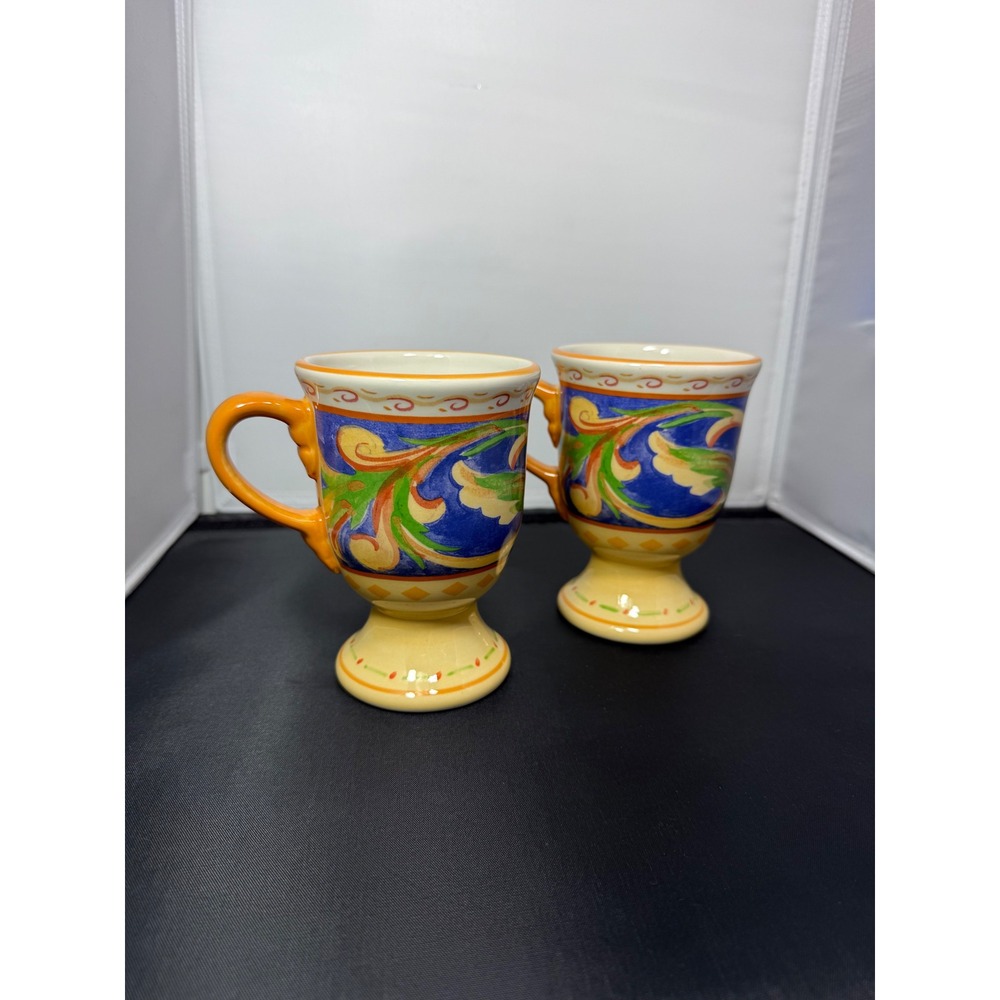 Villa della Luna Pfaltzgraff stoneware Pedestal Mugs Coffee Cups Set of 2 Floral